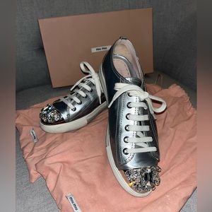 Miu Miu Leather Crystal Embellishments Sneakers in Silver